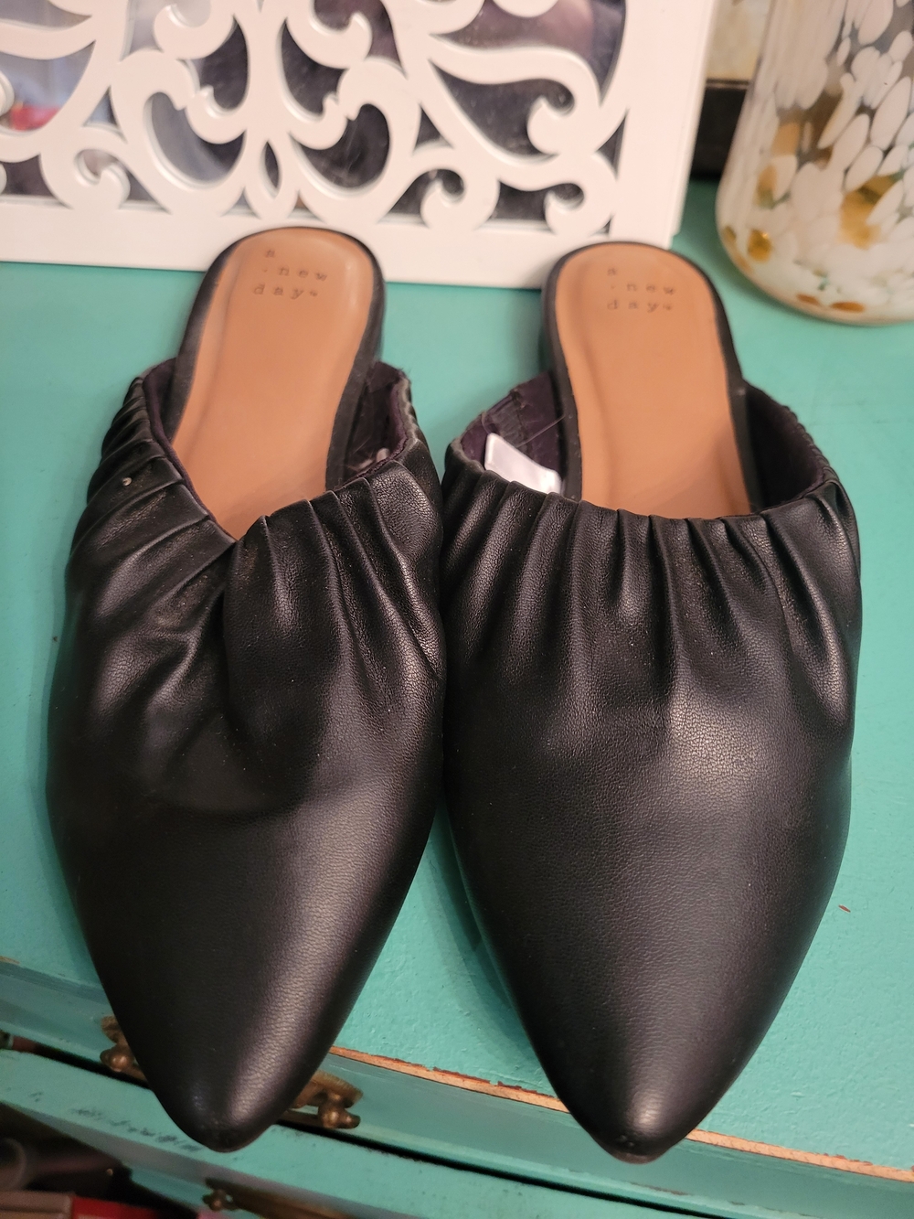 a new day Black Pointed Ruched Slip-On Mules. Brand New